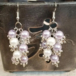 Edgy Bali Style Glass Grape Bunch Dotted Accent Purple White Silver Earrings